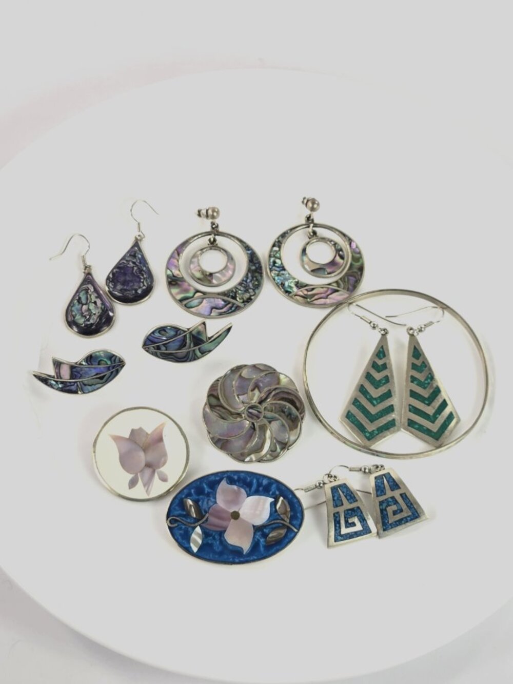 Alpaca Mexico Abalone Jewelry Lot Earrings Brooches Pendants Bangle